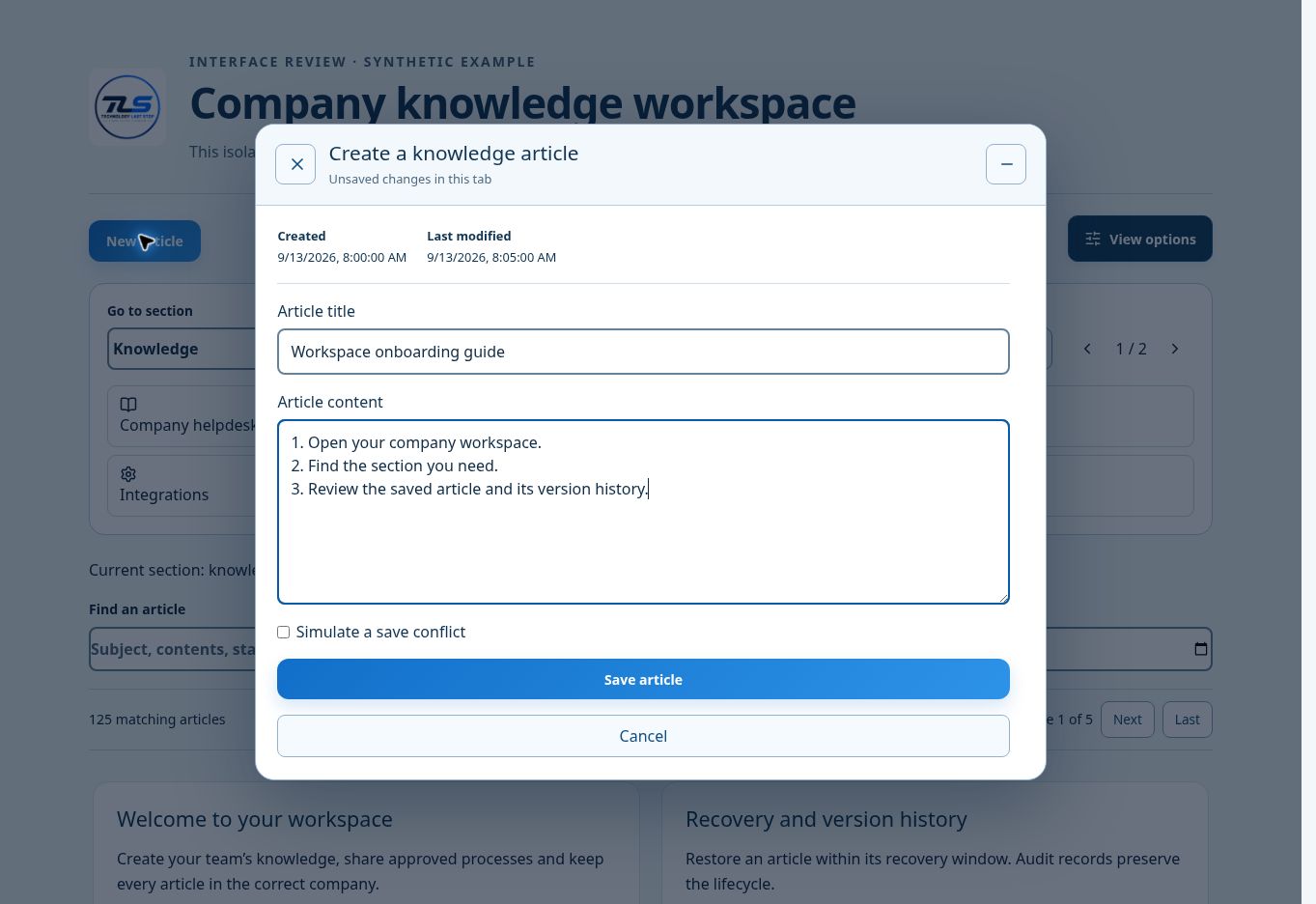Centered knowledge editor with close, minimize, creation dates and save controls