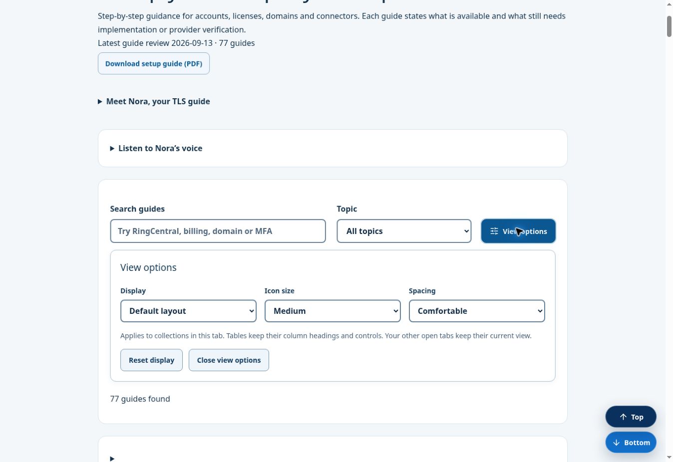 LastStop Connect View options panel with display layout, icon size and spacing controls