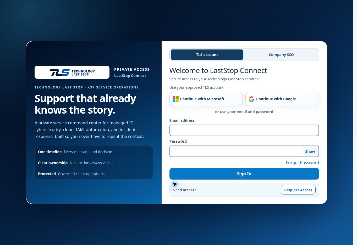 LastStop Connect sign-in with TLS account and Company SSO choices