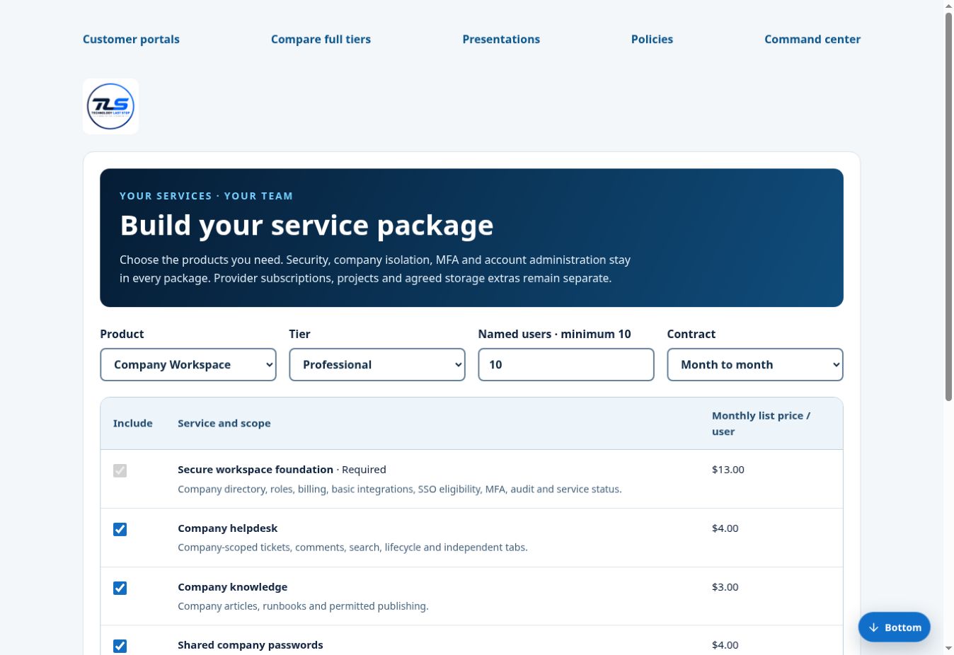 Current service configurator with aligned product, tier, user count and contract controls